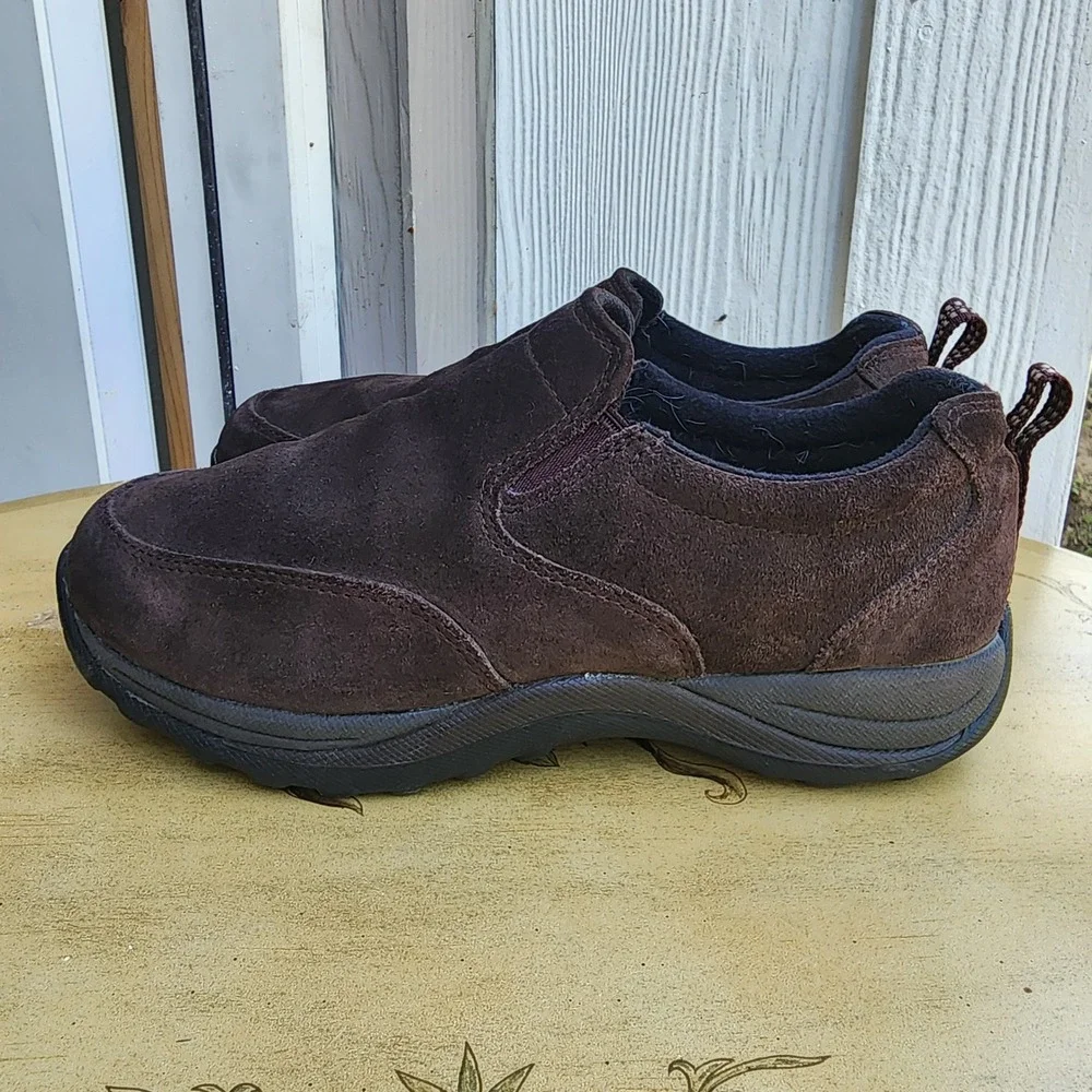 LL Bean US 7 Wide‎ Brown Suede Comfort Slip On Walking Casual Shoes Minimalist